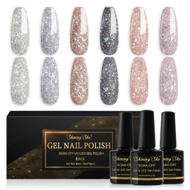 Shining She Semi-Permanent Glitter Nail Polish, 6 Colors Glitter Gel Nail Polish Semi-Permanent Nail Polish Soak-Off UV Nail Polish for Beginners Nail Art DIY, 8ml