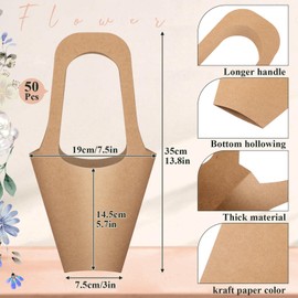 Gilprop 50 Packs Kraft Paper Flowers Gift Bags with Handle, 13.8'' Flowers Bouquet Holder for Wedding, Valentines Day Decoration, Florist Shop