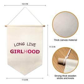 Girlhood Wall Hanging,Pennant Flag Banner - WoodenDowel - Unbound String, 17x13 IN, Decoration of teenagers' rooms, the Family girls' Room Wall Decor, Long Live Sisterhood Canvas Banner, Nursery Playroom Wall Decor for Girls, Bedroom Toddler Decorations