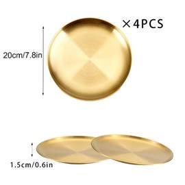 ZHYUAN 4 x 20 cm stainless steel round crockery, golden stainless steel camping plate, metal dinner plate, 20 cm stainless steel round tableware, stainless steel camping plate set, for camping
