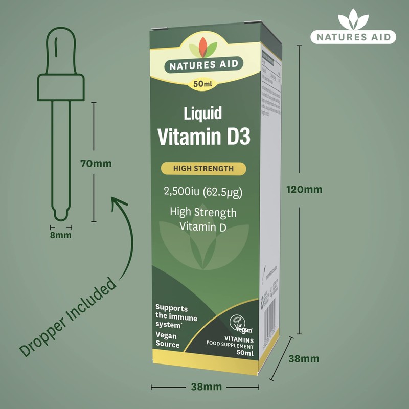 Natures Aid Vegan Vitamin D3/Cholecalciferol Liquid, 2500iu, Dropper Included, 50