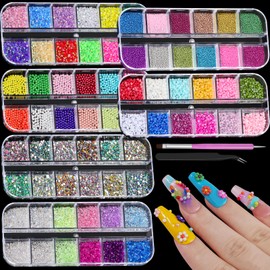 6 Boxes Mini Nail Rhinestones Pearls Kit,1-2mm Flatback Multicolor Transparent Jelly AB Mermaid Gems with Tweezers and Dual-end Brush for Manicure Salon DIY Crafts (Mini)
