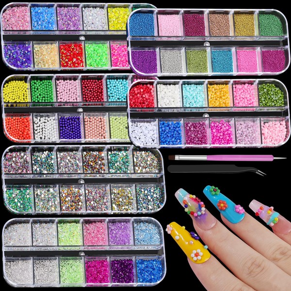 6 Boxes Mini Nail Rhinestones Pearls Kit,1-2mm Flatback Multicolor Transparent
