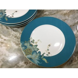 222 Fifth Eliza Porcelain Dinnerware Collection: 11" Round Dinner Plates, Set of 4, White/Teal