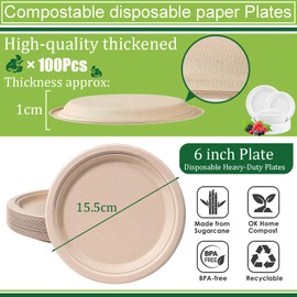 Brown Bagasse Eco-Friendly Compostable Biodegradable Plates, 6inch/15cm, 100Pack Sturdy Sugarcane Plates for Hot/Cold Food