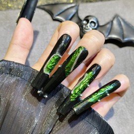 Fantasticlady Luxurious Green Metallic Style Design,Coffin Long Press on Nails,Handmade Press On Nails,Fake Nails with Designs,False Nails,Acrylic Nails,Stick on Nails for Women.(10Pcs) (Green, M)