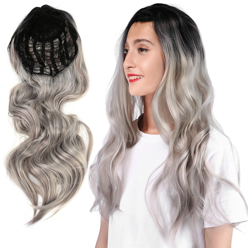 Long Curly Wavy Wigs Women Female Synthetic Hair Black Gray