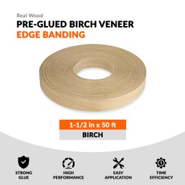 Birch Veneer Edge Banding 1-1/2 inch x 50 ft Pre Glued Wood Adhesive Edging Paintable Trim Tape Iron On Flexible Strip Roll Countertop Furniture Laminate Cabinate Shelf MDF Board Molding Easy Trimmer