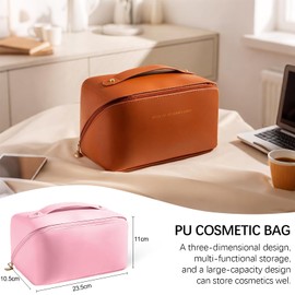 AmiCera Large Capacity Makeup Bag, Travel Essentials Waterproof PU Leather Cosmetic Bag, Makeup Organiser Multi-Layer,Thickened Storage Wash Bags,Travel Lightweight Toiletry Bags for Women, Pink