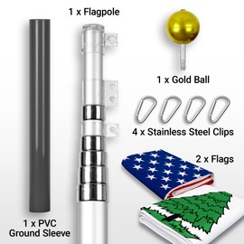 G128 Combo Pack: 20 Ft Telescoping Aluminum Flagpole (Silver) & American and An Appeal To Heaven Flags 3x5 Ft, Both ToughWeave Series Embroidered Polyester | Pole with Flags Included