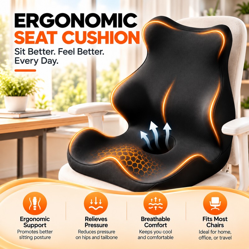 Ergonomic Memory Foam Seat Cushion for Office Chairs – Full