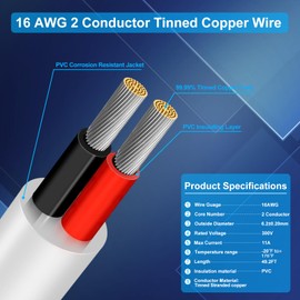 16 Gauge 2 Conductor Electrical Wire, 49.2FT Low Voltage 16/2 Tinned Copper Stranded 2 Wire Cable, 16 AWG White Flexible Extension Power Cord for Automotive, LED Lamp, Outdoor Landscape Lighting Etc