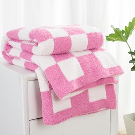 Carriediosa Checkered Throw Blanket 60" X 80" Twin, 400GSM Ultra Soft Microfiber Fuzzy Fluffy Reversible Cute Preppy Knitted Blankets Cozy Plush Fall Throws for Couch, Bed, Sofa, Hot Pink