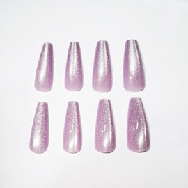 MNmagicnail-Glossy Press On Nails,Medium Coffin Cat Eye False Nails,"Light purple" Reusable Nails for Women&girl, Acrylic Fake Nails with Gelly Glue in 12 Sizes-24 Nail Kit