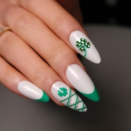 24Pcs St Patricks Day Press On Nails, French Tip Press On Nails Almond Medium White Fake Nails with Green Four Leaf Clover & Rhinestone Heart Design, Artificial Nails Stick On Nails for Women