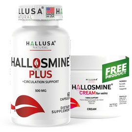 Hallosmine Plus - Blood Circulation & Vein Support Supplement, Diosmin 500mg + Free Vein Cream | Leg Circulation, Visible Veins, Spider Veins, Blood Flow, Swelling & Heavy Legs | 60 capsules
