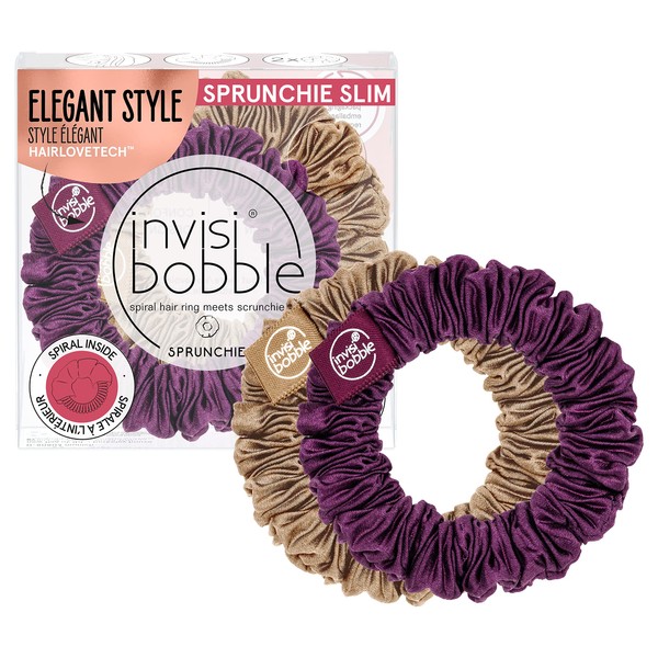 invisibobble Scrunchie Slim Purple Gold I 2 x Pleated Fabric Hair Bobbles for Girls & Women I Strong Hold & Hair Gentle I Scrunchie Hair Scrunchie Designed in the Heart of Munich