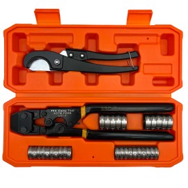 PEX Pipe Clamp Cinch Tool Crimping Tool Crimper for Stainless Steel Clamps from 3/8-inch to 1-inch with 1/2-inch 20PCS and 3/4-inch 10PCS SS PEX Clamps,with Pipe Cutter in Plastic Box