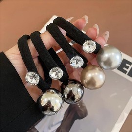 [VIISEN] Hair Elastic Scrunchie Pearl Hair Rubber Set of 4 Hair Accessories, Hair Ornament, Women's, Everyday Use, Commuting to Work, Fashionable, Adding Pearls and Rhinestones, Hair Elastic (A)