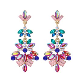 EleQueen Fashion Vintage Style Statement Drop Dangle Earrings Multicolor Gold-Tone Marquise Square Cluster Art Deco Crystal Earrings for Women Wedding Party