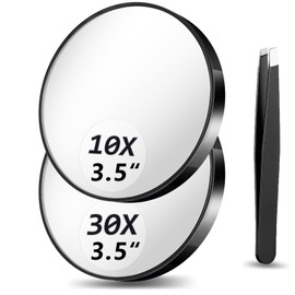 Magnifying Mirror 10X&30X Set, Magnified Mirror 3.5" with Two Suction Cups and Tweezers, Travel Magnifying Mirror Set Comes with Portable Storage Bag, Compact Small Magnifying Mirror for Travel(Black)