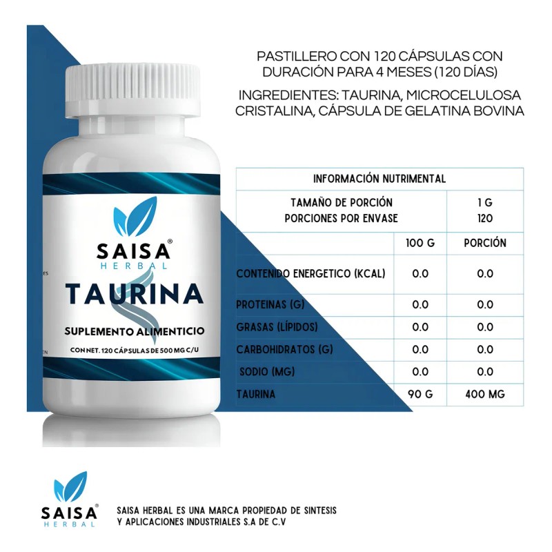 Taurina 400 Mg 120 Cpsulas Saisa Herbal Sabor Sin sabor