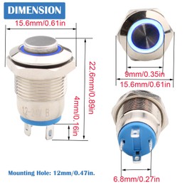 RUNCCI-YUN 12-24 V 12 mm 3A 4 Pin Waterproof Metal Push Button Momentary Button with Blue Ring LED Light Round Push Button for Cars, Trucks, Ships, Doorbells, Ignition Systems (Protruding)