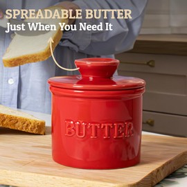 PriorityChef French Butter Crock with Lid, Keep Butter Spreadable & Fresh, Butter Keeper to Leave On Counter, French Butter Dish Perfect for Bread and Toast, Ideal Kitchen Gift, Red