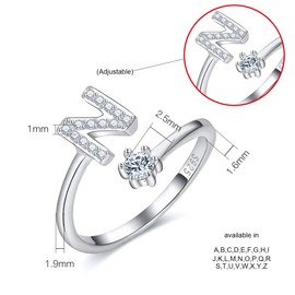 CRYSLOVE Women’s / Girls’ Letter Ring - 925 Sterling Silver - Open & Adjustable Initial Ring - A-Z Alphabet Rings with Gift Box, Silver, N