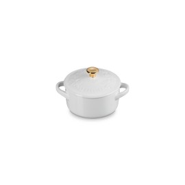 Le Creuset Stoneware Holly Collection Mini Round Cocotte, 8 Oz, White with Gold Knob