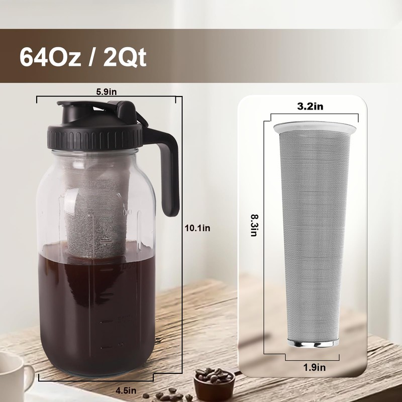 Cold Brew Coffee Maker - 64 Oz Heavy-Duty Glass Mason