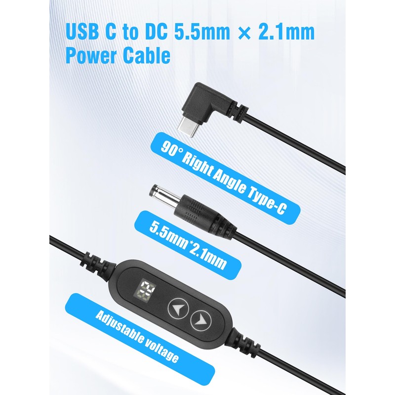 YACSEJAO USB C to DC 5.5x2.1mm Adjustable Voltage Power Cable,