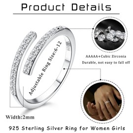 SAILIMUE 925 Sterling Silver Rings for Women Girls Adjustable Cubic Zirconia Rings 2MM CZ Minimalist Open Adjustable Ring