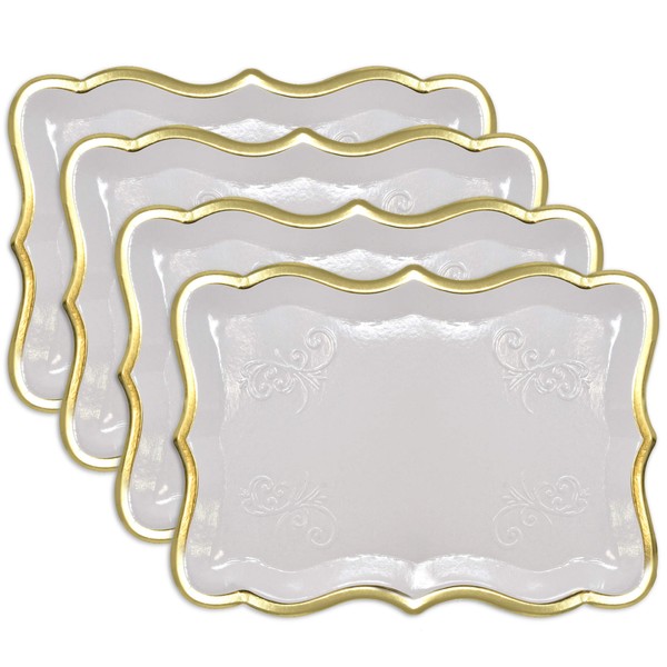 10 White Rectangle Trays with Gold Rim Border for Dessert Display Table Parties 9" X 13" Disposable Paper Cardboard in Elegant Shape for Platters Cupcake Display Birthday Party Weddings Food Safe