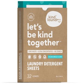 Kind Laundry Detergent Sheets with Powerful Stain-Fighting Enzymes - Biodegradable Plant Powered Eco-Friendly Laundry Soap Sheets - Home or Travel Laundry Detergent (Ocean Breeze, 32 Loads)