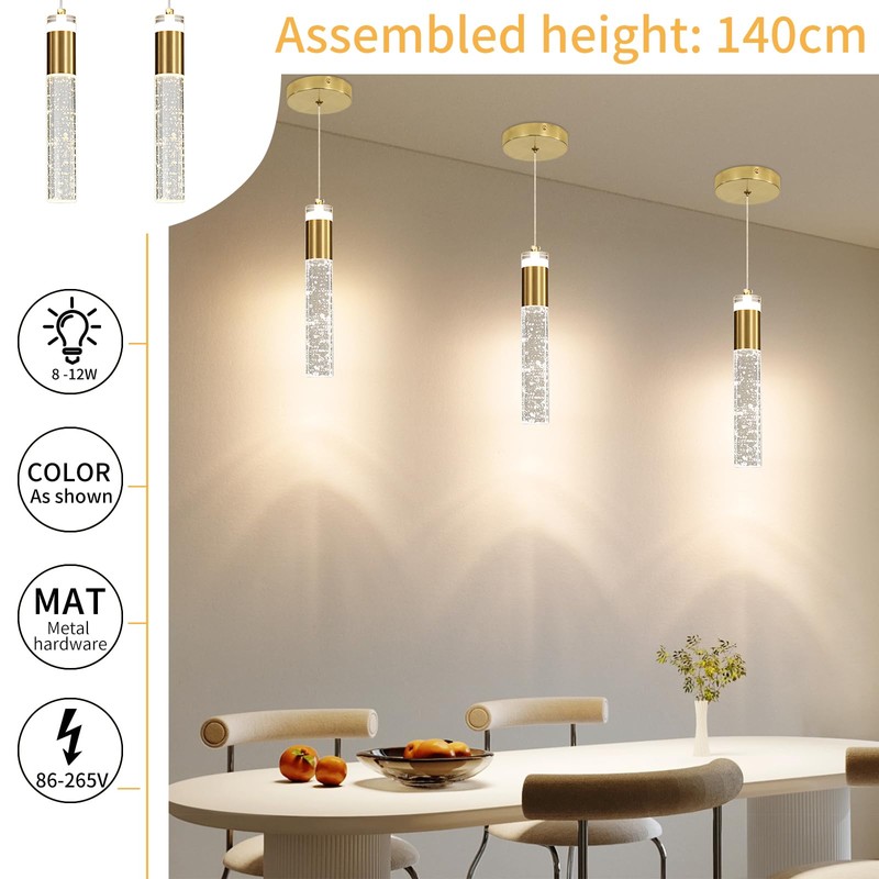 3 Pack Modern Kitchen Island Pendant Lights, Gold Bubble Crystal