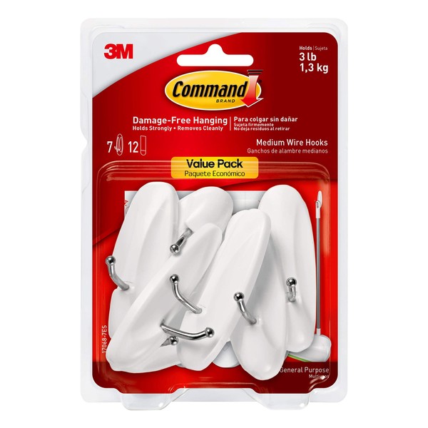 Command Medium Wire Hooks Value Pack, White, 7-Hooks, 12-Strips, Organize Damage-Free