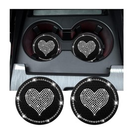 Kewucn 2 PCS Bling Car Cup Coaster, 2.75 Inch Heart Rhinestone Holder Insert Coaster, Anti-Slip Waterproof Crystal Auto Cup Mat, Universal Vehicle Accessories for Women Girls (Black)