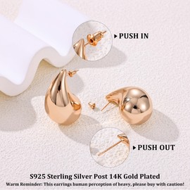 Gacimy Rose Gold Teardrop Earrings Dupes for Women, Chunky Rose Gold Earrings for Women with 925 Sterling Silver Post, 14K Rose Gold Plated Tear Drop Earrings for Women, 1.7Inches