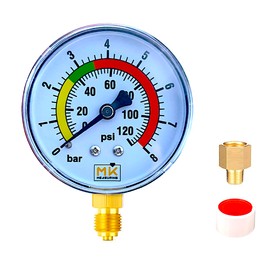 ​MK measuring Water Pressure Gauge 0-8 Bar / 120 PSI Brass 1/4" BSP Side Connection for Pressure Regulators and Water Heaters with Teflon Adapter 1/8"