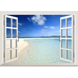 Paintings Wallpaper Poster (Removable Sticker) - Window Scenery - Harmony of Sea and Sky Sandy Beach Beach Majorca Spain Sea [Window Specification/Trick Art] Caracro BCH-057MA2 (A2 Edition, 23.4 x 16.5 inches (594 x 420 mm)) Architectural Wallpaper + Wea
