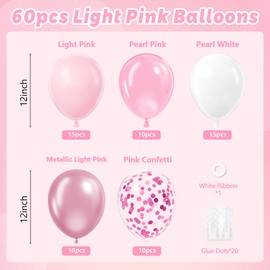 Vicduotex Light Pink and White Balloons, 60pcs 12inch Pearl Light Baby Pink Confetti White Balloons for Wedding Bridal Shower Baby Shower Pink Birthday Decorations