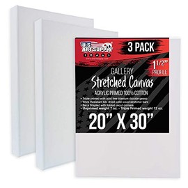 U.S. Art Supply 20" x 30" Gallery Depth 1-1/2" Profile Stretched Canvas 3-Pack - Acrylic Gesso Triple Primed 12-Ounce 100% Cotton Acid-Free Back Stapled Pouring Art