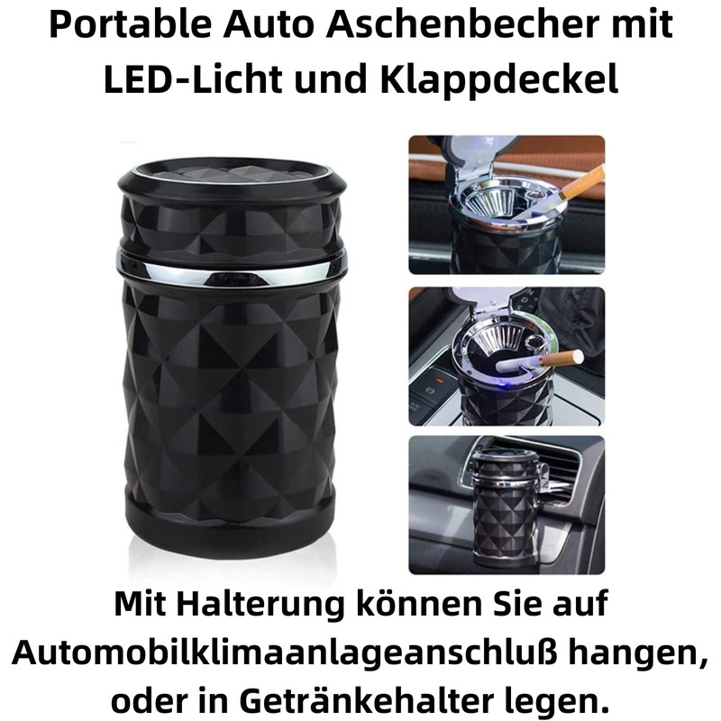 Q92C Luxury Car Ashtray with LED Light, Self-Extinguishing, with Lid