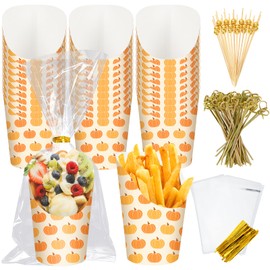 50Pcs Fall Thanksgiving Charcuterie Paper Cups with Sticks Bags Twist Ties 14oz Pumpkin Disposable Appetizer Cups French Fry Holder for Autumn Harvest Thanksgiving Party Supplies