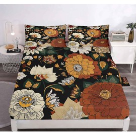 LUVIVIHOME 4PCS Boho Floral Sheets Set, Queen Bed Sheets, Black Sheets, Bohemian Aesthetic Mid Century Green Botanical Vintage Orange Flower Bedding, 1 Fitted Sheet & 1 Flat Sheet with 2 Pillowcases