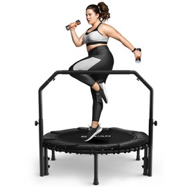 BCAN 450/550 LBS Foldable Mini Trampoline, 40"/48" Fitness Trampoline with Bungees, U Shape Adjustable Foam Handle, Stable & Quiet Exercise Rebounder for Kids Adults Indoor/Garden Workout