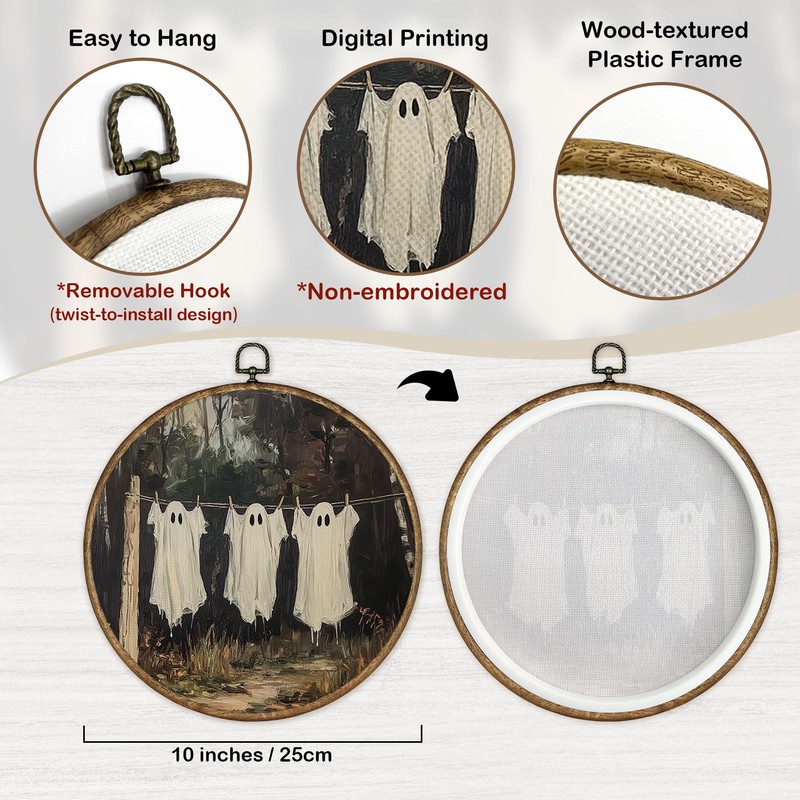 TLESKE Fall Halloween Ghost Clothesline Round Wall Art Decor Framed