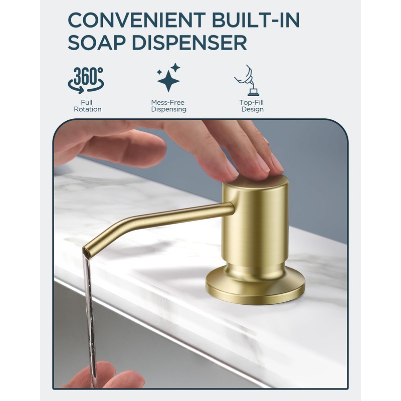 FORIOUS Gold Kitchen Faucet with Soap Dispenser, High Arc Modern