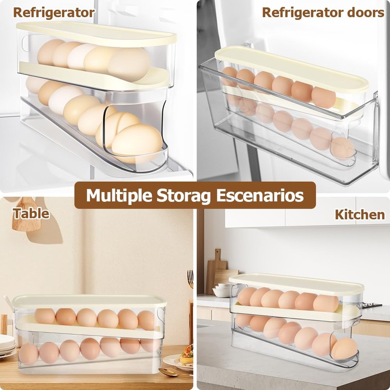 HOTUT Egg Container for Refrigerator, 2-Tier Automatic Egg Holder for